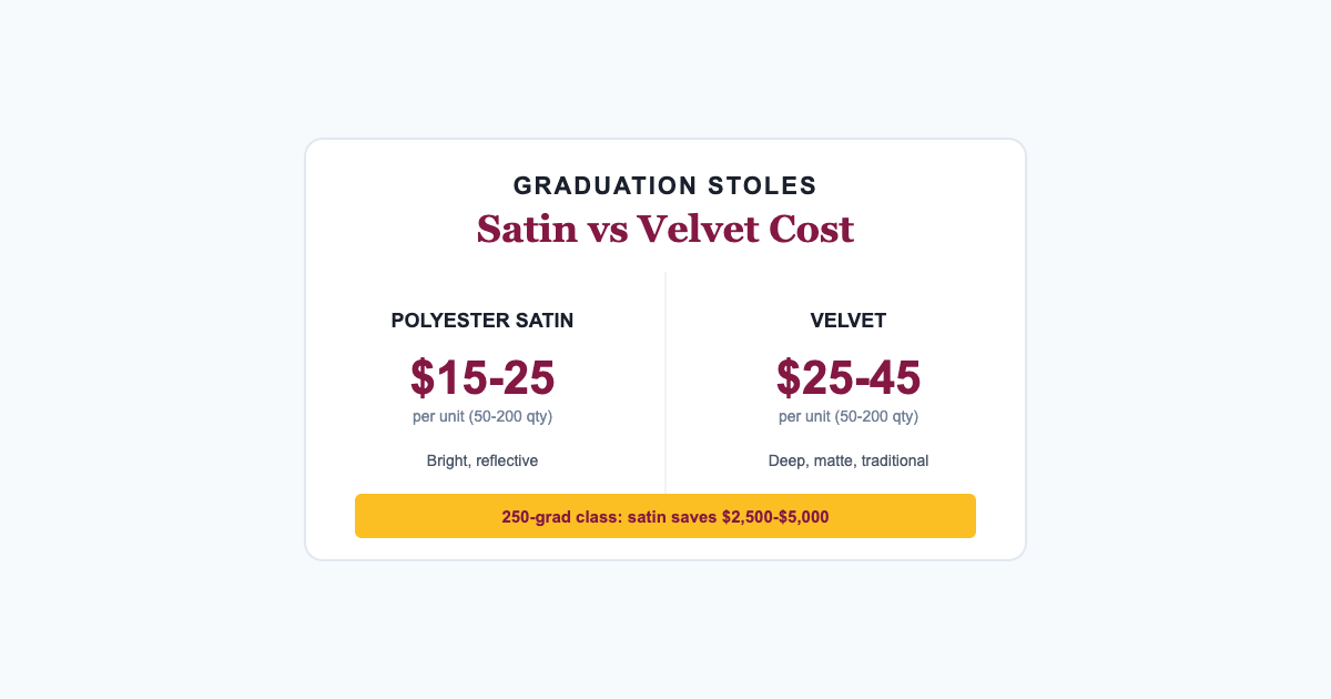 Side by side cost comparison of polyester satin and velvet graduation stoles