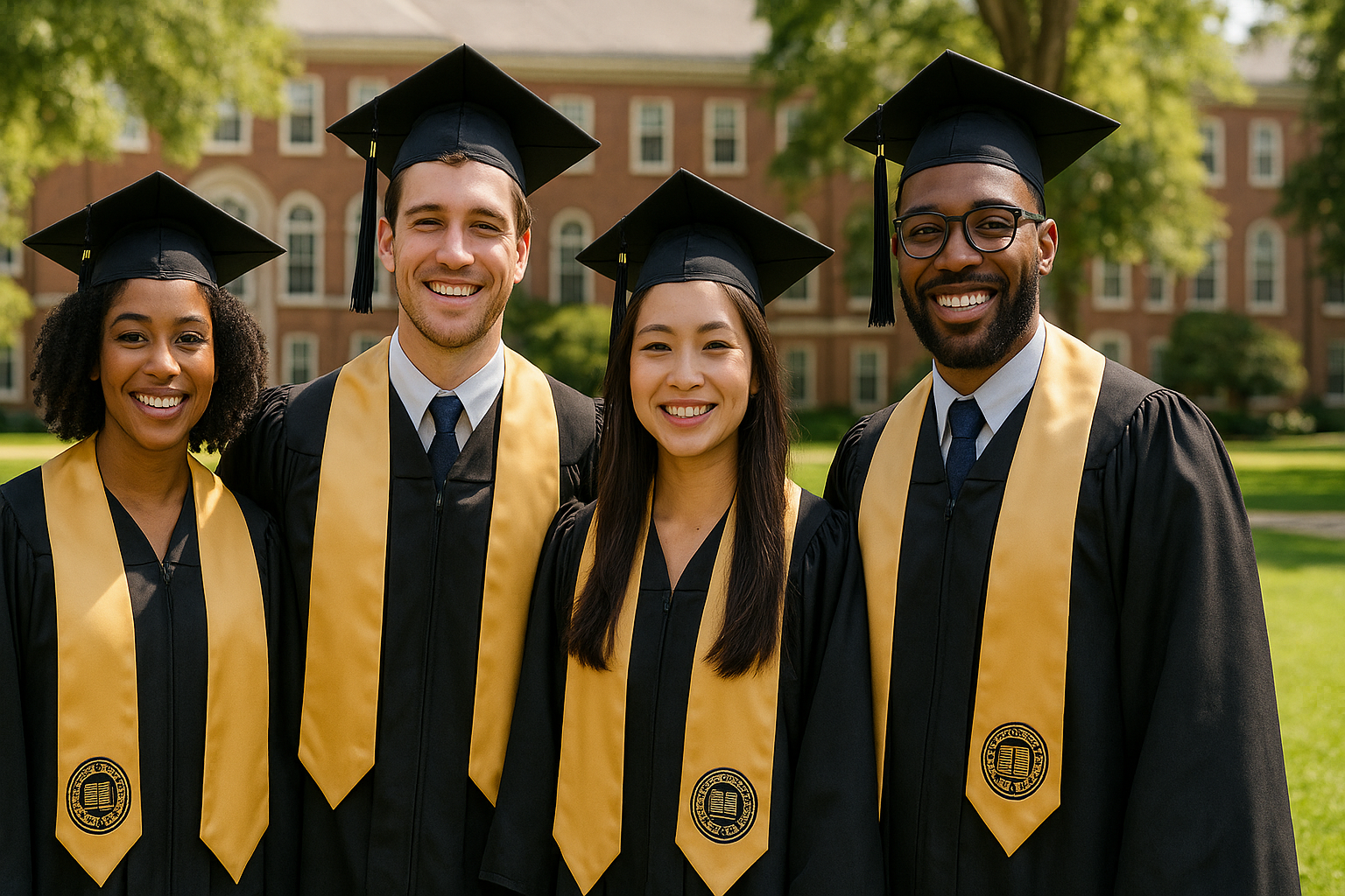 University graduates wearing custom embroidered graduation stoles