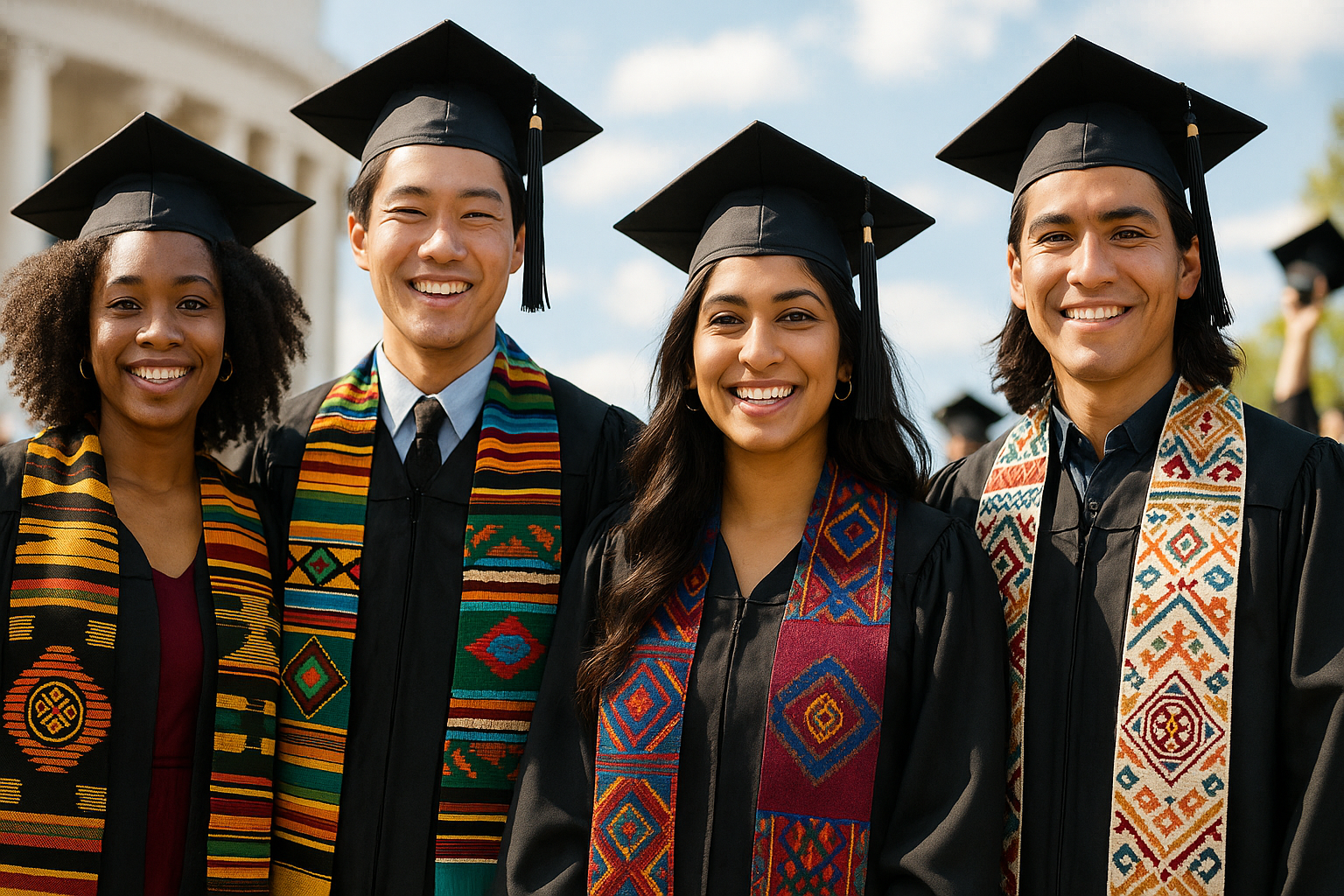 Graduates wearing custom cultural heritage graduation stoles