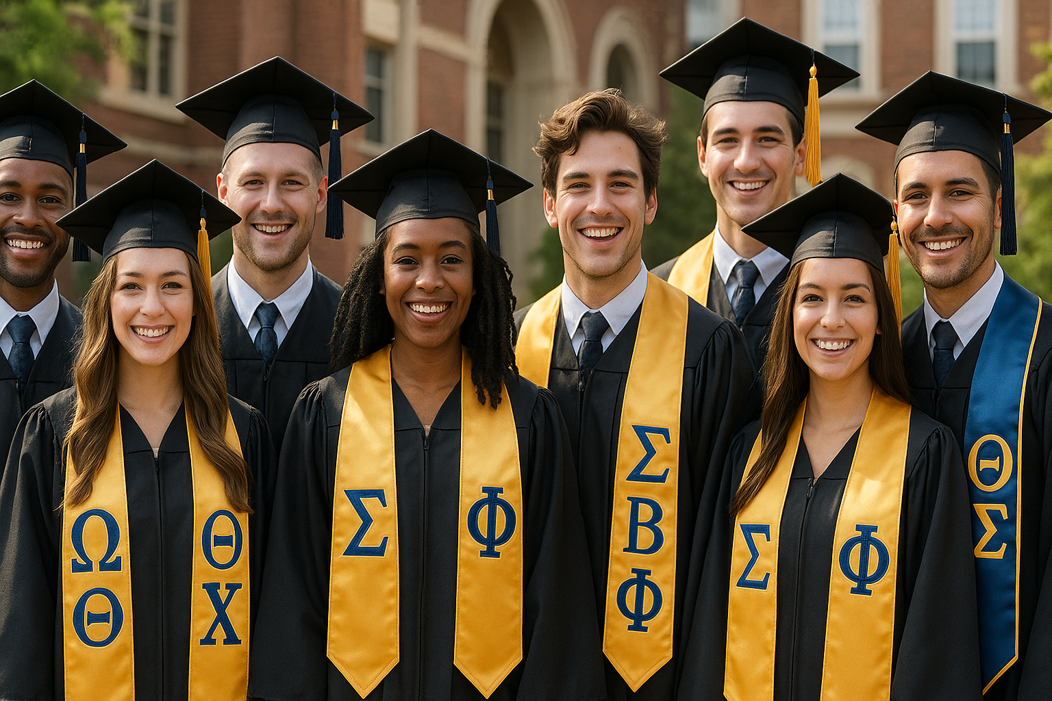 Fraternity and sorority members wearing custom Greek graduation stoles