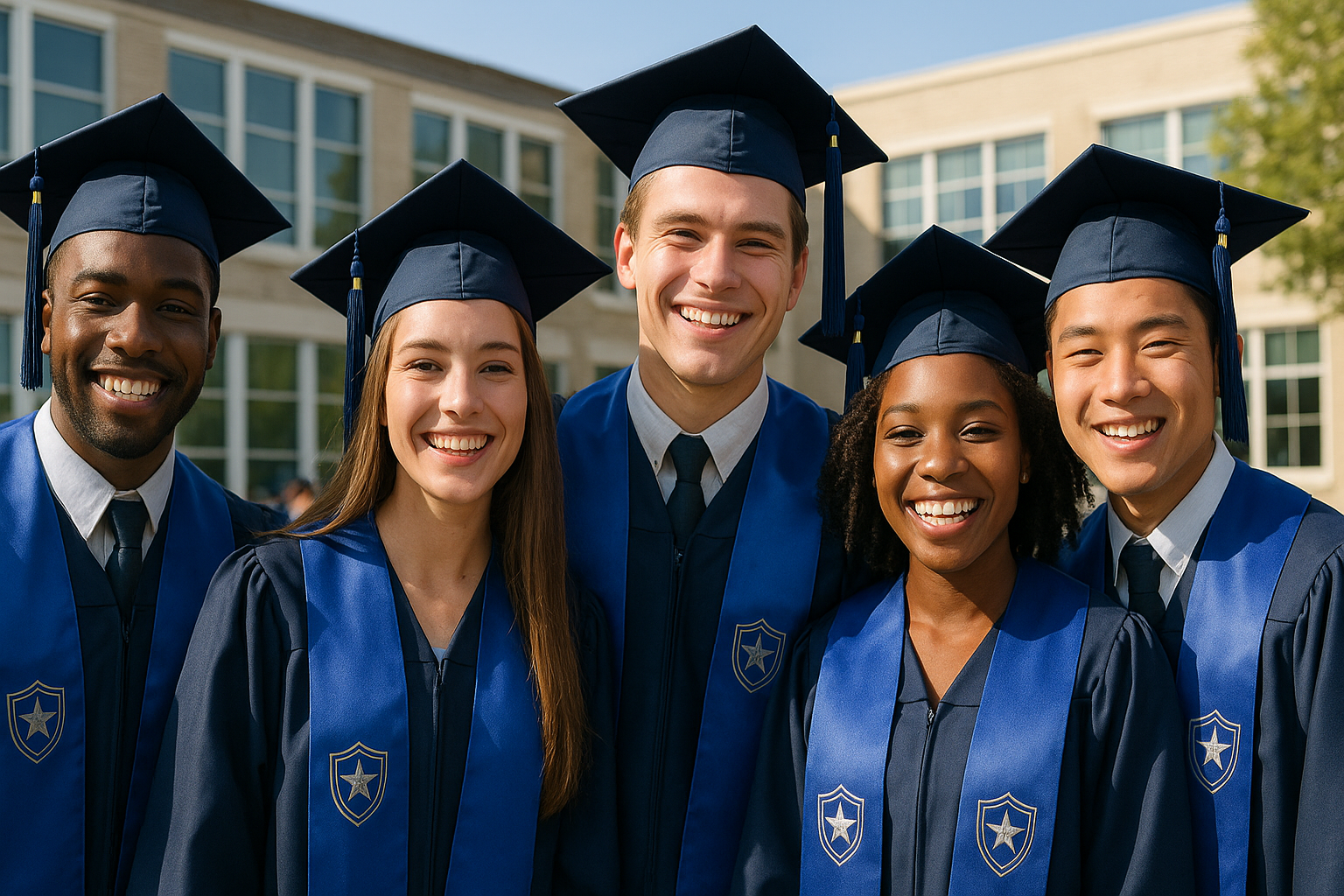 High school graduates wearing custom embroidered graduation stoles