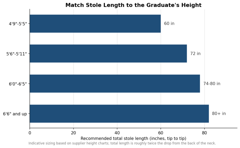 Horizontal bar chart of recommended graduation stole length in inches by graduate height range